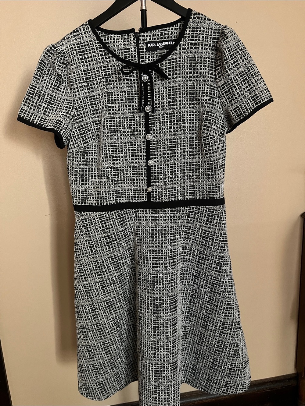 Karl Lagerfeld Black & White Tweed Fit & Flare Dress with Contrast Trim